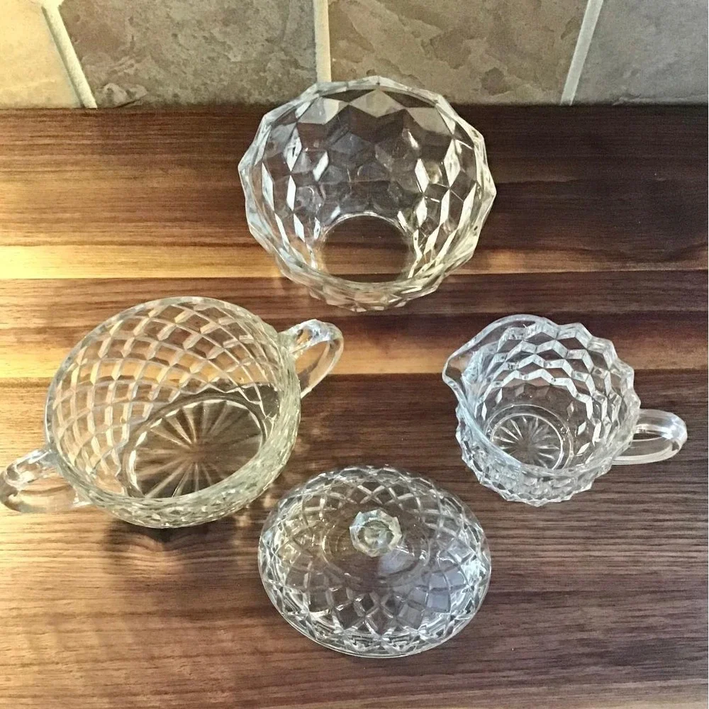 Vintage Clear Pressed Glass Creamer Sugar Bowl Extra‎ Bowl Set Trad Mid-Century